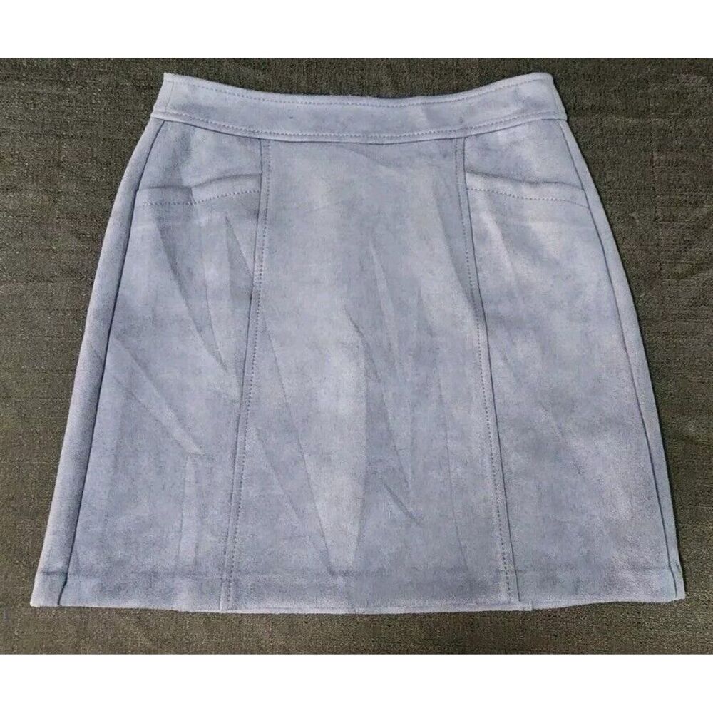 Loft Vegan Suede Navy‎ Blue Gray Skirt Front Pockets Zip Womans Size 0P Petites